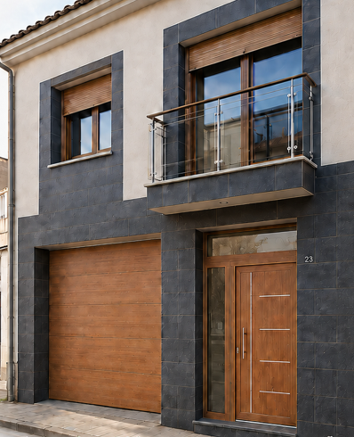 Fachada con ventanas, puerta de entrada y garaje